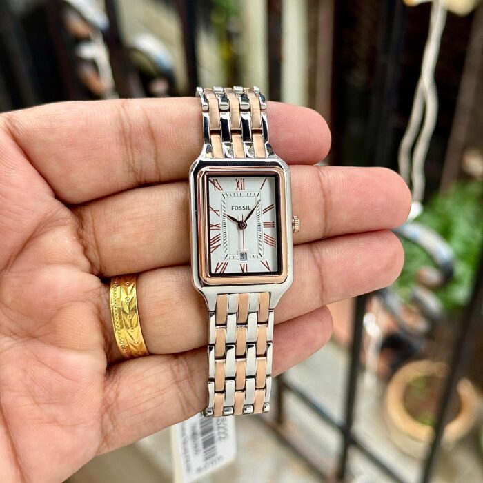 Fossil Rectangular Silver & Rose Gold Watch - Image 2