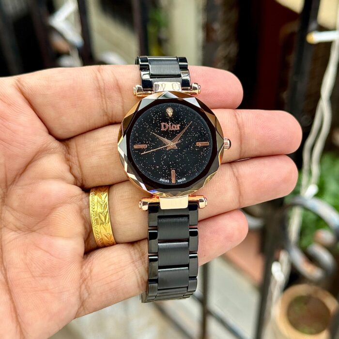 Dior Inspired Faceted Crystal Watch - Rose Gold & Black Ceramic - Image 2