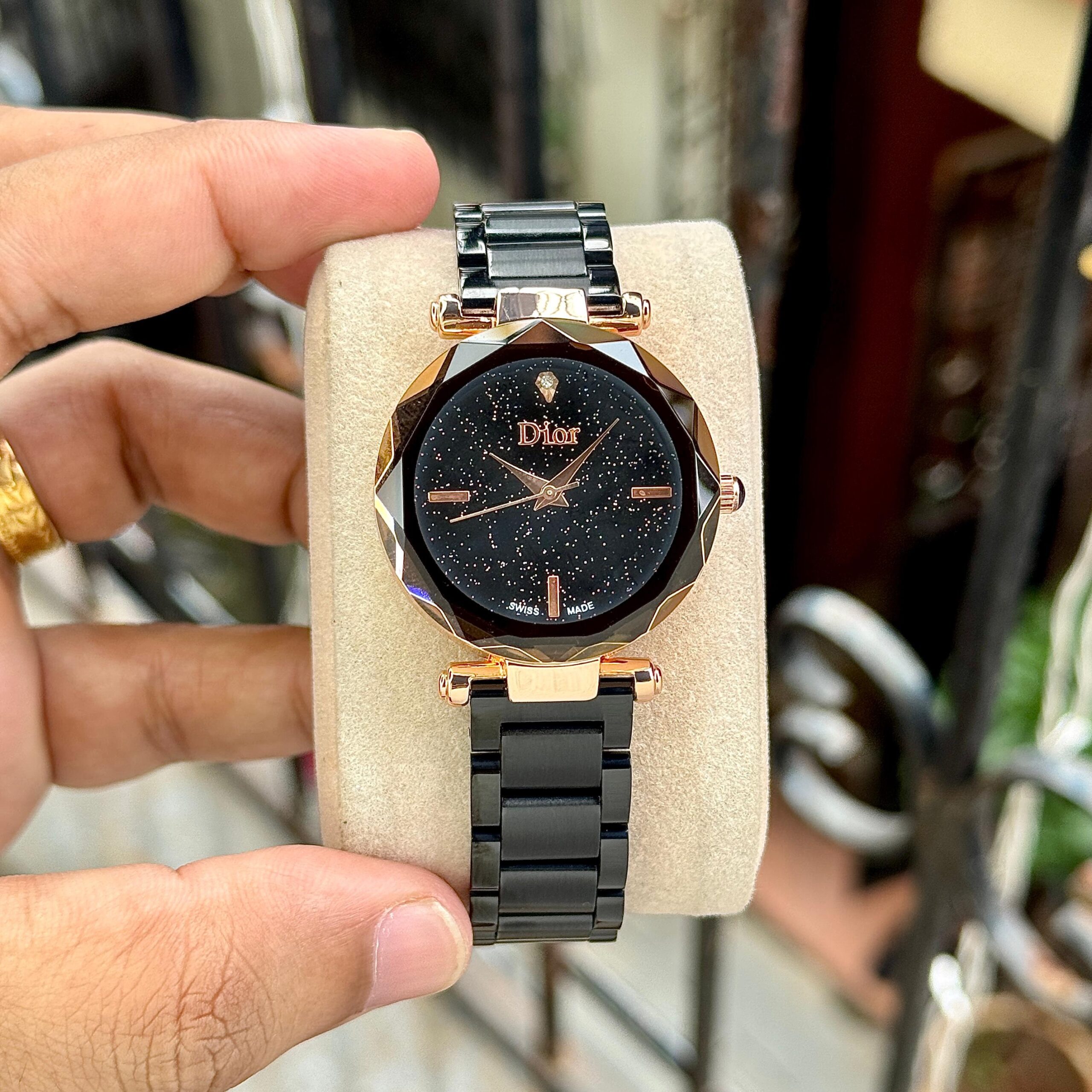 c974dd76-f889-4937-ba6d-e0aa2e5cc44c Dior Inspired Faceted Crystal Watch - Rose Gold & Black Ceramic - Image 1