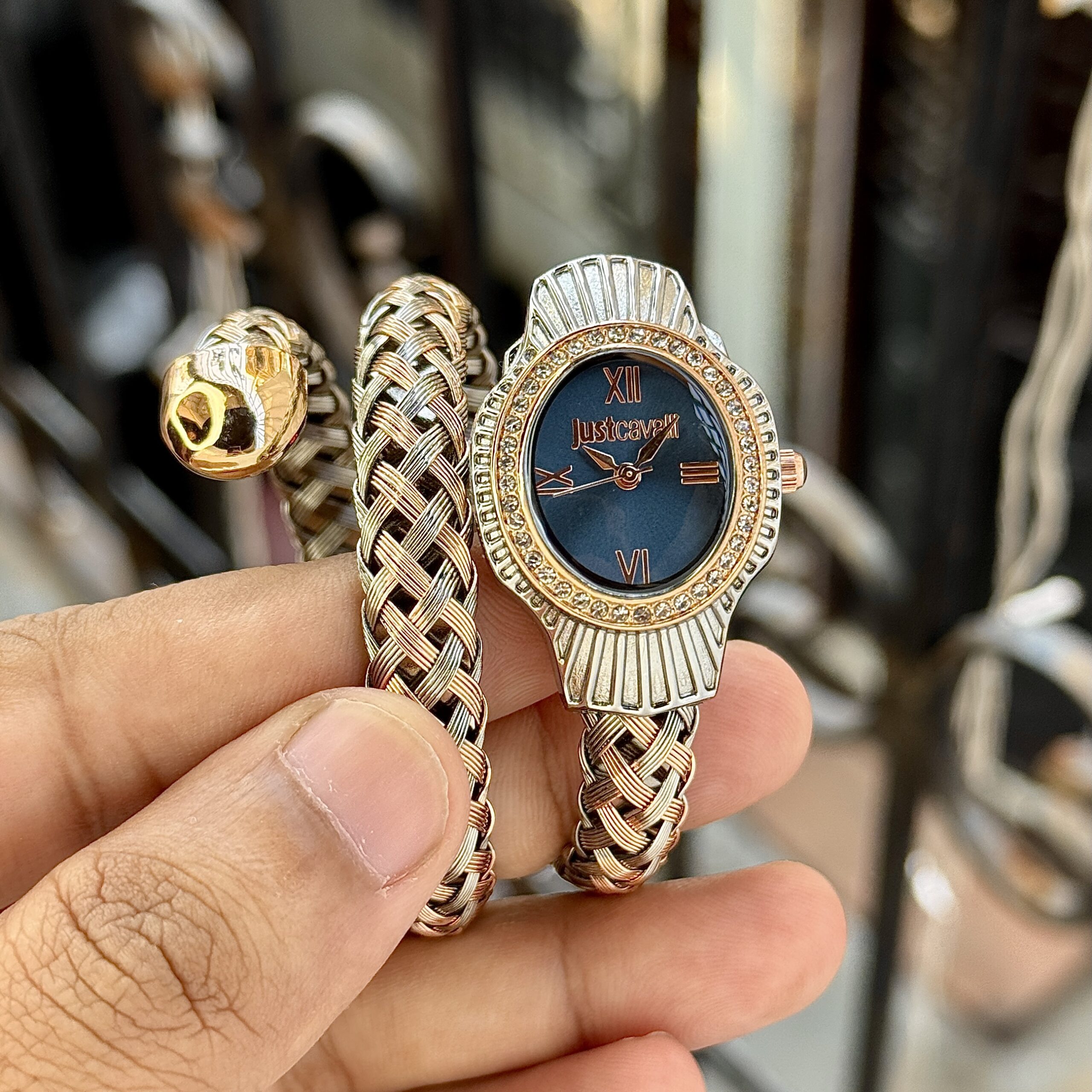 img_2455 Just Cavalli Inspired Serpent Bangle Watch - Two-Tone Deep Blue - Image 1