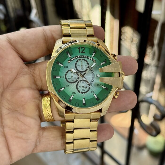 Diesel Inspired Chronograph Watch - Full Gold-Tone with Green Dial - Image 2