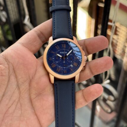 Fossil Inspired Grant Chronograph Watch – Rose Gold Case & Navy Blue Leather Strap