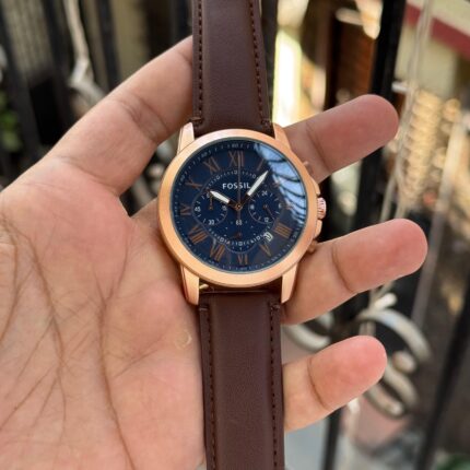 Fossil Inspired Grant Chronograph Watch – Rose Gold Case & Brown Leather Strap