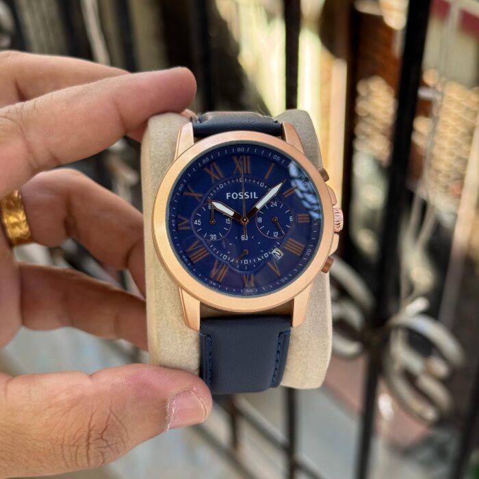 Fossil Inspired Grant Chronograph Watch – Rose Gold Case & Navy Blue Leather Strap - Image 2