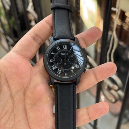 Fossil Inspired Grant Chronograph Watch – All Black Case & Black Leather Strap