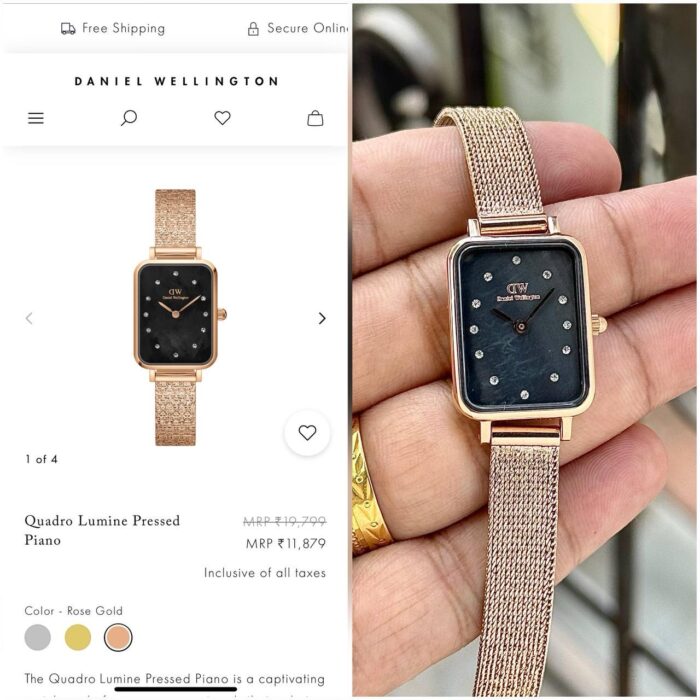Daniel Wellington Inspired Quadro Lumine Pressed Piano Watch - Rose Gold & Black - Image 3