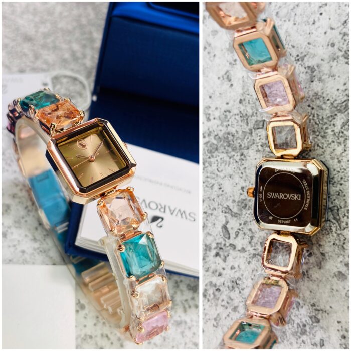 Swarovski Luxe Square Dial Ladies Watch – Champagne Gold Multicolor Crystal Edition - Image 2