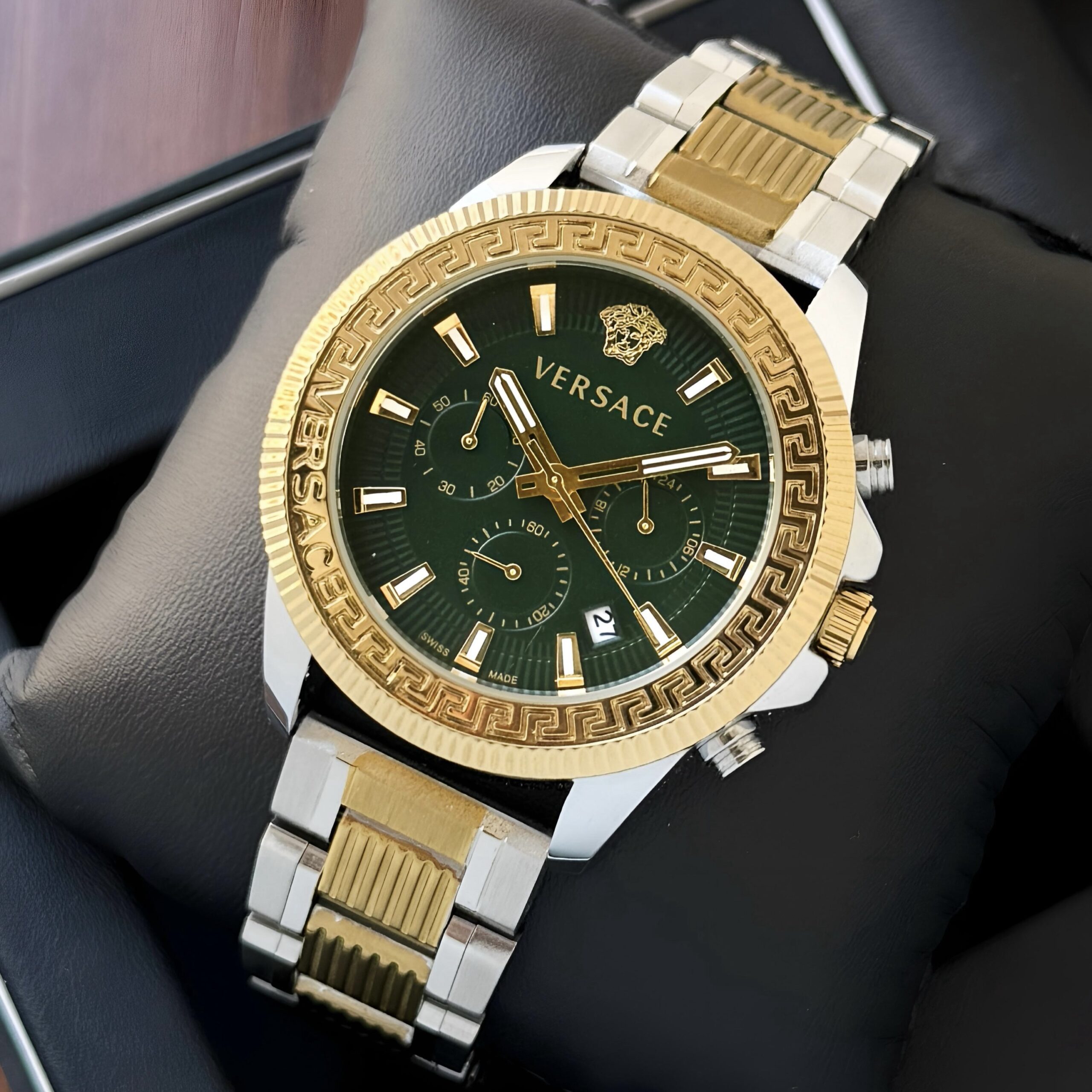 40b98900-4eee-4b7f-8375-4a9e8f9dde39-2 Versace Green Dial Dual-Tone Chronograph Men’s Watch – Luxury Edition - Image 1