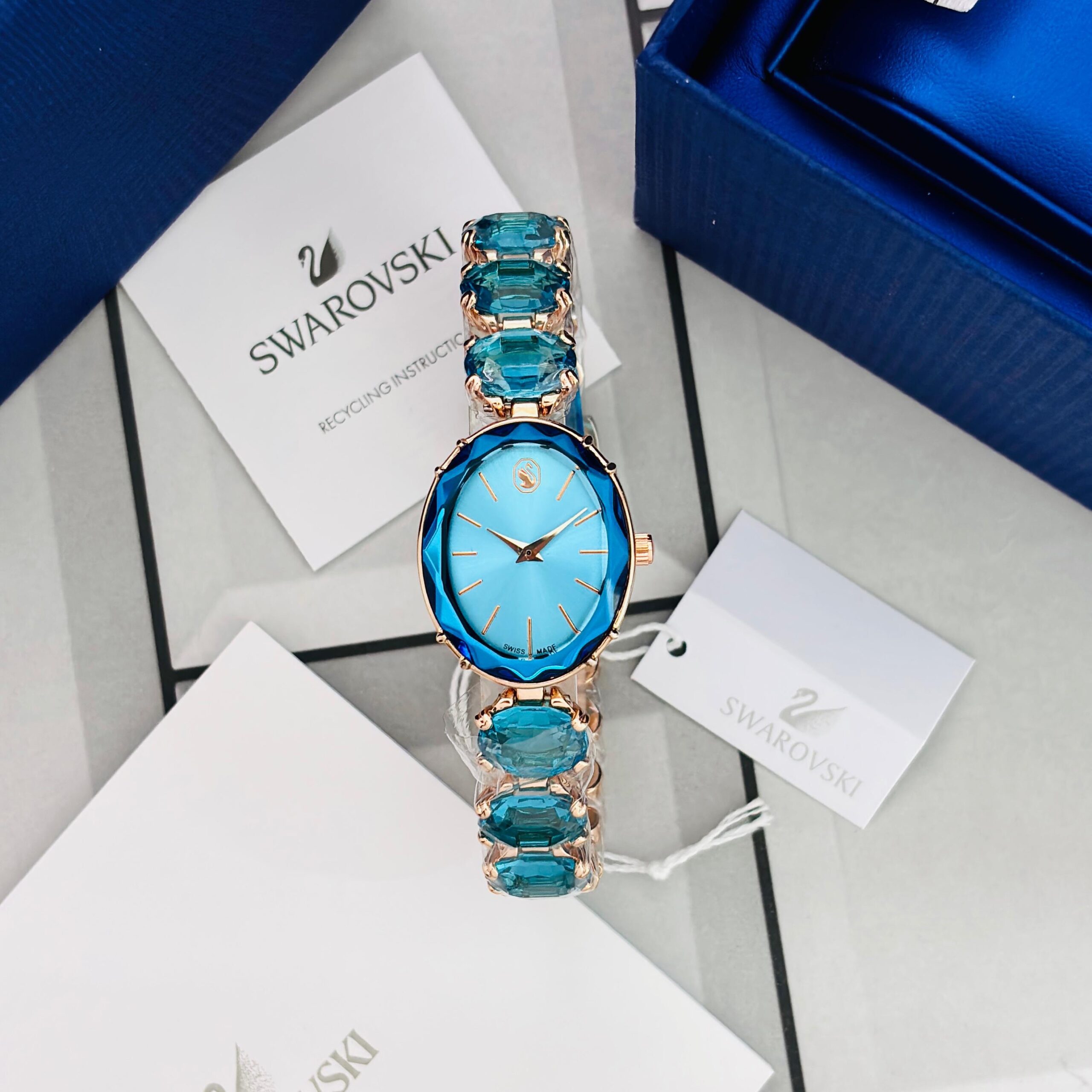 4b24c174-b9d6-4a62-866c-0f9d80850d93 Aqua Blue Swarovski Crystal Bracelet Watch - Image 1