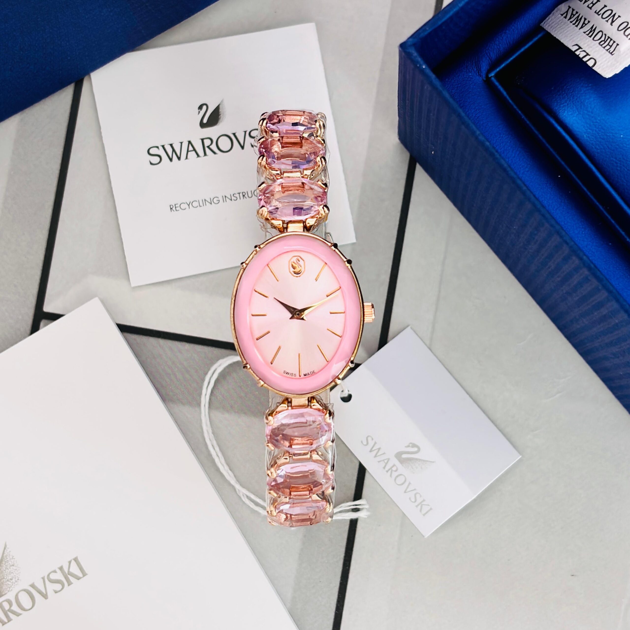 664f2e96-2917-47de-b6e3-af195ca38d4f Soft Pink Swarovski Crystal Bracelet Watch - Image 1