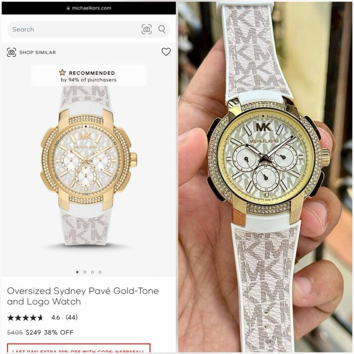 Michael Kors Sydney Pavé Gold-Tone Logo Watch – White Signature Strap Edition - Image 3